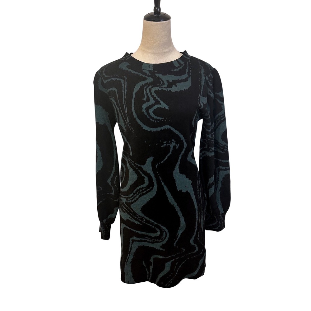 Lucy Paris Green Black Marble Swirl Knit Sweater Mini Dress Puff Sleeve Sz Large